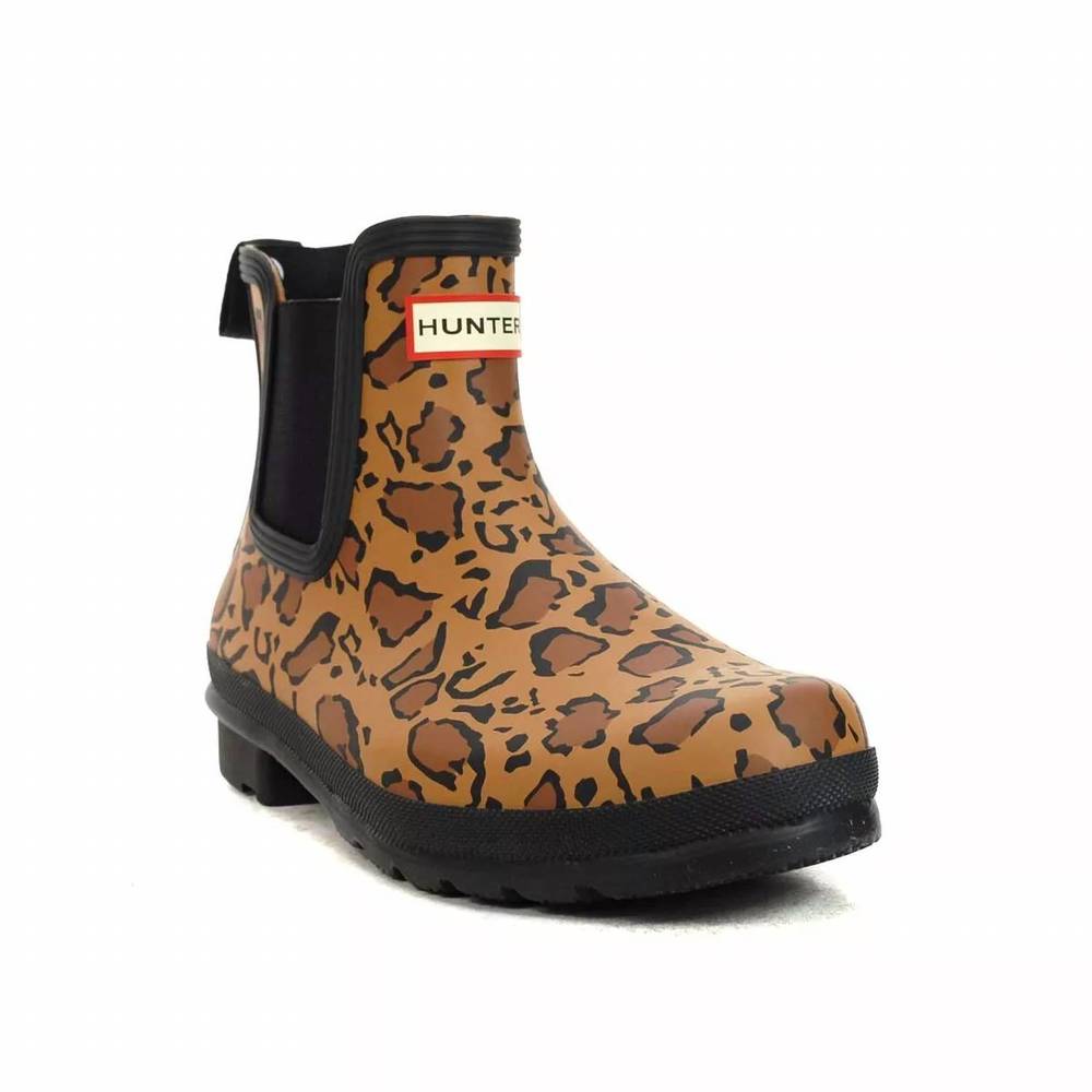 NEW HUNTER women's original chelsea leopard rain boot in rich tan/saddle/black